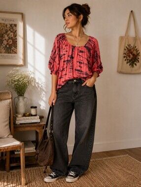 Coral & Navy Tie Dye Balloon Sleeve Blouse Boho Hippie